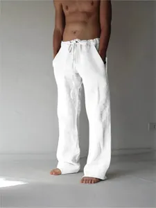 Pantalon d'été décontracté en lin blanc ample avec cordon pour homme