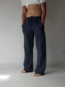 Pantalon décontracté pour hommes en coton et lin avec cordon de serrage bleu marine