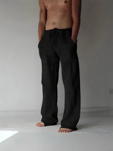 Pantalon décontracté en lin noir ample pour homme avec cordon de serrage réglable d'été