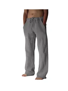 Pantalon décontracté en coton et lin pour hommes avec cordon et taille élastique gris.