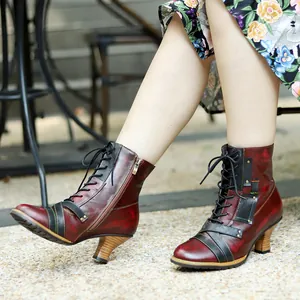Damen Boho Handgemachte Schafsleder Stiefeletten Retro Stiletto Absatz Seitlicher Reißverschluss Schnürung Modische Stiefel