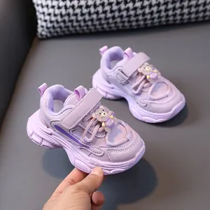 Toddler girls' purple chunky sneakers with cute bear accessory for autumn