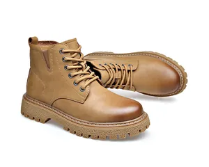 Classic tan men's work boots with durable lace-up design and thick textured rubber sole