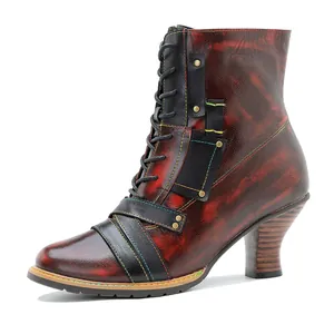 Vintage handgebürstete Leder-Stiefelette für Damen mit bunten Nähten und Kitten Heel
