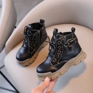 Classic black leather kids Martin boots with side zipper and durable anti-slip thick rubber sole