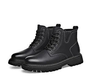 Side view of black men's Martin boots with white contrast stitching and thick lug soles.