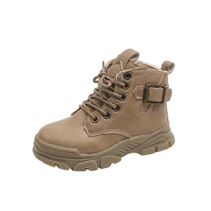 Durable brown children's Martin combat boots with side zipper for autumn and winter.