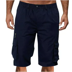 Detail of men's navy blue cargo shorts with multi-pockets and relaxed fit