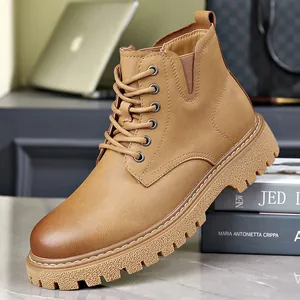 Men Fashion Genuine Leather Work Boots Lace Up Martin Boots Comfortable Non Slip Warm Outdoor Casual Walking Shoes Mid Top Boots