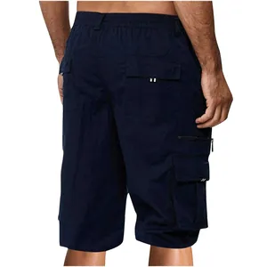 Back view detail showing multi-pocket design on men's navy blue loose cargo shorts