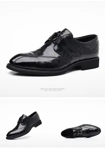 Detailed views of men's black leather dress shoes with metal buckle and decorative stitching