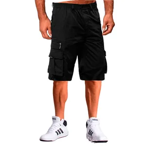 Detailed view of men's black cargo shorts with multi-pocket design for outdoor activities.