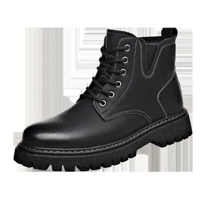 Modern black leather Martin boots for men with textured rubber sole and lace-up design
