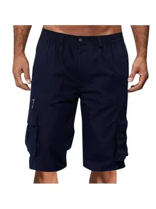 Men's navy blue relaxed fit cargo shorts with multi-pockets and comfortable elastic waist