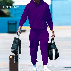 Conjunto de sudadera con capucha y pantalón violeta para hombre, forro polar suave