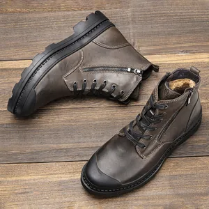 Macro detail of men's genuine leather Martin boots showing top grain texture and warm fur lining