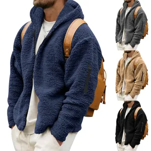Giacca in pile con cappuccio da uomo in quattro colori tra cui blu navy, grigio e cammello