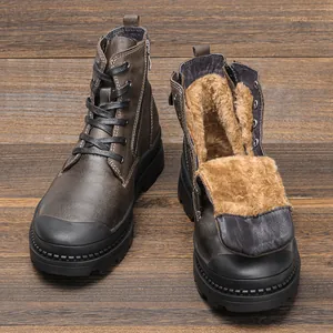 Close-up of brown leather boots with warm plush lining and sturdy side zipper detail