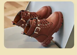 Stylish brown children's Martin boots with elegant pearl and stud buckle details