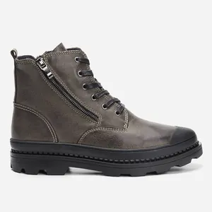 Side view of men's genuine leather work boots featuring a side zipper and laces