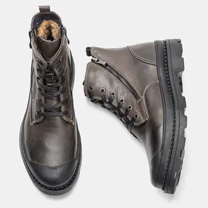 Detailed view of leather Martin boots showing warm fleece lining and non-slip sole