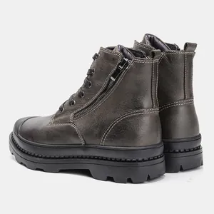 Side view of dark gray men's genuine leather Martin work boots with side zipper.
