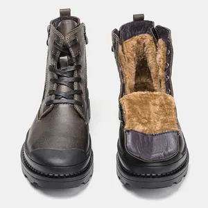 Detail of men's genuine leather Martin boots showing thick fur lining and cowhide texture.