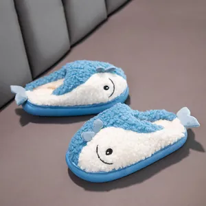 Cute blue shark plush slippers for kids with soft anti-slip soles for indoor warmth