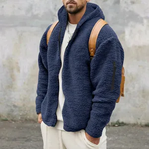 Giacca da uomo in pile sherpa blu navy con cappuccio e zip per l'autunno inverno