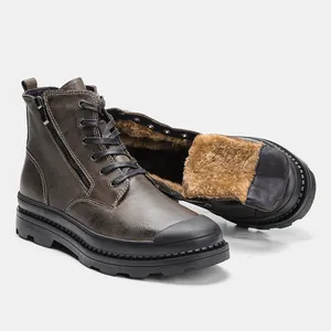 Detail view of men's leather Martin boots featuring warm plush lining and side zipper