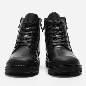 Professional front view of men's genuine black leather Martin work boots with side zipper