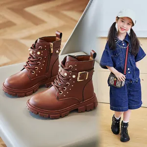 Stylish British style girls' Martin boots with pearl buckle and side zipper detail