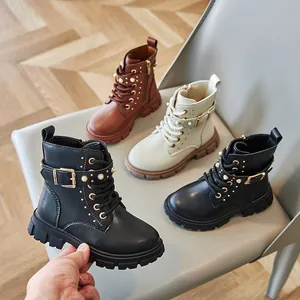 Fashionable girls' British style Martin boots with pearl accents and buckle details