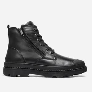 Side view of a premium black leather men's Martin boot with side zipper detail