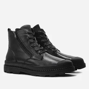 Detailed side view of men's genuine black leather combat boots with zipper and lug sole