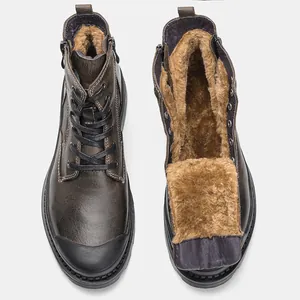 Men's premium brown leather Martin boots with warm fleece lining and side zipper