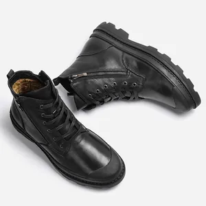 Durable black leather men's Martin boots with warm fleece lining and side zipper