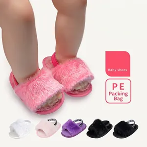 Sandalias de Piel Sintética para Bebé Suela Blanda Zapatos de Primeros Pasos Pantuflas Peludas con Correa Elástica