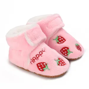 Infant Baby Girls Winter Warm Fleece Prewalker Shoes Cute Strawberry Embroidered Princess First Walker Shoes Pink Anti-Slip Indoor Boots
