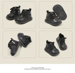 Detailed views of black toddler leather boots showing soles, side zippers, and laces