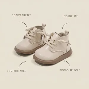 Korean style beige toddler leather walking boots with convenient side zipper and non-slip sole