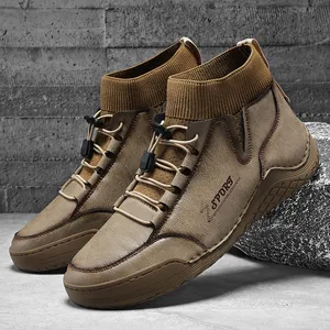 Men's British Style Martin Boots Outdoor Work Boots Sock Cuff Design Synthetic Leather Rubber Sole Fashion Casual Ankle Boots For Autumn