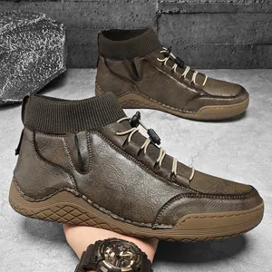 Men's dark brown British style outdoor work boots with comfortable knitted sock collar design