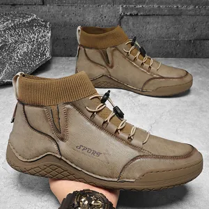 British style men's outdoor work boots with knitted sock collar and distressed texture