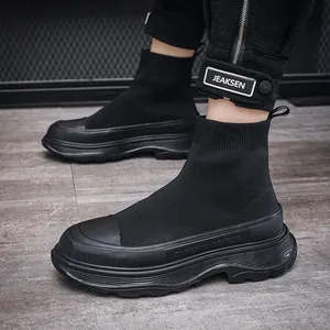 Stijlvolle zwarte high-top gebreide sok-sneakers voor heren met ademende stof en dikke zool