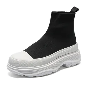 Heren stijlvolle high-top ademende gebreide sok sneakers met dikke witte plateauzool