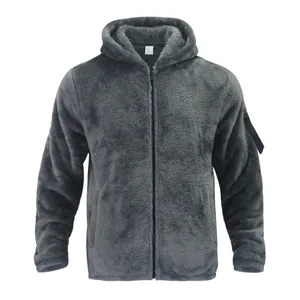 Detailweergave van de grijze fleecejas met een zachte textuur en capuchondetails.