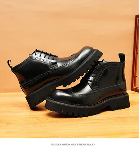 Detailed side view of men's premium black leather brogue boots with stylish thick lug soles