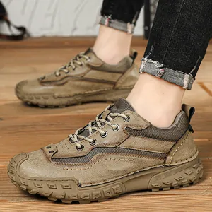 Chaussures de loisirs d'extérieur pour hommes cousues main en cuir kaki robuste à semelle