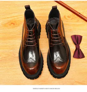 Top-down detailed view of brown glossy leather brogue boots with wingtip carving